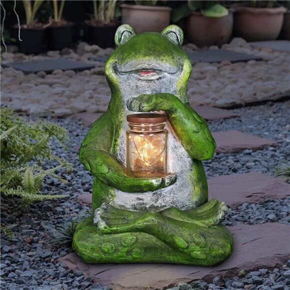 Solar Frog Statue with LED Firefly Lights Glass Jar -  7"L x 6"W x 11"H - Picture 1 of 6